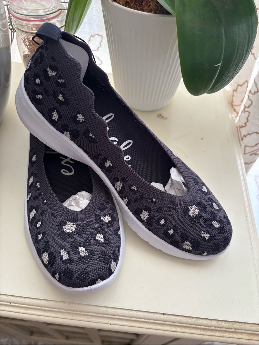 Apana Black & White Leopard-Print Knit Slip-On Flats